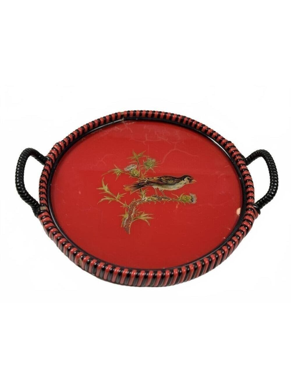 Vintage German US Zone Red Black Celluloid Goldfinch Bird Tray Bobbin Handle - Picture 13 of 13